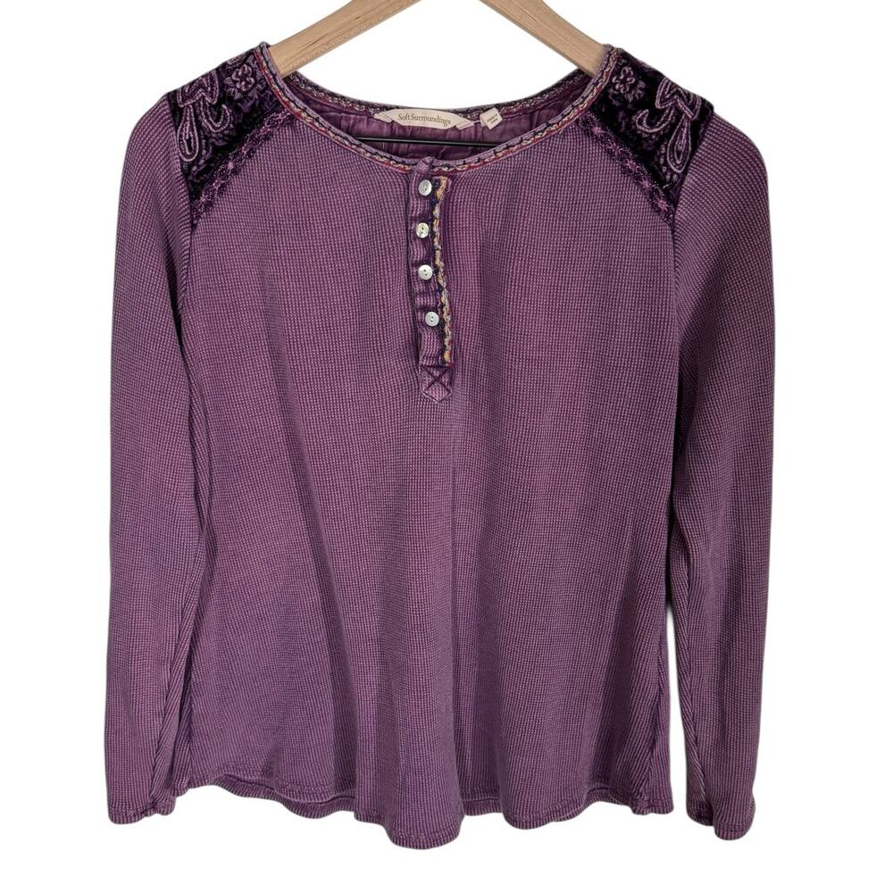 Soft Surroundings Embroidered Boho Top Petite M Purple Thermal Knit
